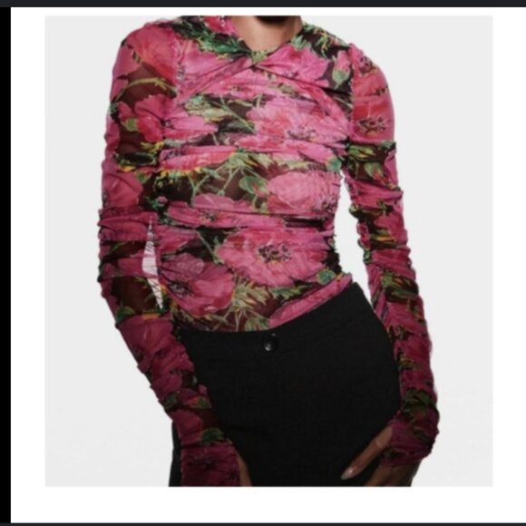 ZARA Pink Floral Printed Draped Tulle Mesh Top Size XL NEW WITH TAG! - Picture 12 of 12
